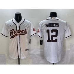 Men Cleveland Browns 12 Shedeur Sanders White With Patch Cool Base Stitched Baseball Jersey