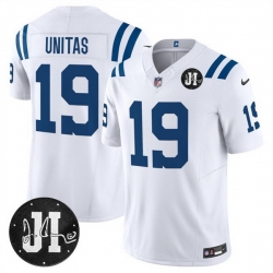 Men Indianapolis Colts 19 Johnny Unitas White 2025 F U S E  Jim Irsay Patch Vapor Limited Stitched Football Jersey