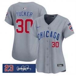 Women Chicago Cubs 30 Kyle Tucker Gray Ryne Sandberg Tribute Vapor Limited V3 Stitched Baseball Jersey