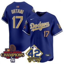 Men Los Angeles Dodgers 17 Shohei Ohtani Royal Gold 2024 World Series Champions  26 42 Jackie Robinson Patch Vapor Limited Stitched Baseball Jersey