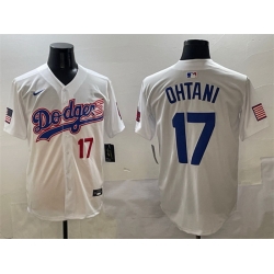 Men Los Angeles Dodgers 17 Shohei Ohtani White With American Flag Patch Limited Stitched Baseball Jersey