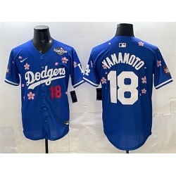 Men Los Angeles Dodgers 18 Yoshinobu Yamamoto Royal 2025 World Series Patch Tokyo Series Limited Stitched Baseball Jersey