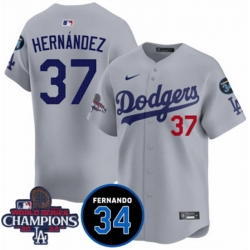 Men Los Angeles Dodgers 37 Teoscar Hernandez Gray 2024 World Series Champions With Fernando Memorial Patch Vapor Premier Limited Stitched Baseball Jersey