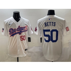 Men Los Angeles Dodgers 50 Mookie Betts White With American Flag Patch Limited Stitched Baseball Jersey