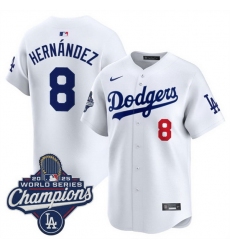 Men Los Angeles Dodgers 8 Enrique Hernandez White 2025 World Series Champions Patch Home Limited Stitched Baseball Jersey