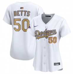 Women Los Angeles Dodgers 50 Mookie Betts White 2025 Gold Collection Limited Stitched Baseball Jersey