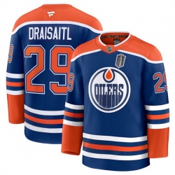 Men Edmonton Oilers 29 Leon Draisaitl Royal 2025 Stanley Cup Final Patch Stitched Hockey Jersey