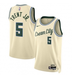 Men Milwaukee Bucks 5 Gary Trent Jr  Cream 2025 26 City Edition Stitched Basketball Jersey