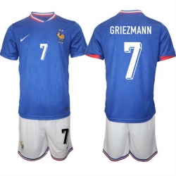 Men France 7 Antoine Griezmann Blue 2024 25 Home Soccer Jersey Suit