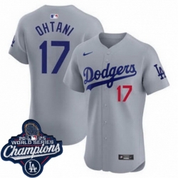 Men Los Angeles Dodgers 17 Shohei Ohtani Cool Base 2025 World Champions Stitched Baseball Jersey Gray