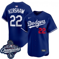 Men Los Angeles Dodgers 22 Clayton Kershaw Cool Base 2025 World Champions Stitched Baseball Jersey Blue