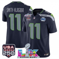 Men Seattle Seahawks 11 Jaxon Smith Njigba Navy 2025 F U S E  Super Bowl LX Patch And 50th Season  USA 250 Patch Vapor Limited Football Stitched Jersey