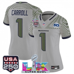 Women Seattle Seahawks 1 Pete Carroll Gray 2025 F U S E Super Bowl LX  US 250th anniversary Patch And 50th Season Patch Rivalries Vapor Limited Football St
