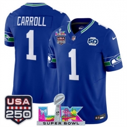 Youth Seattle Seahawks 1 Pete Carroll Royal 2025 F U S E  Super Bowl LX Patch And 50th Season  USA 250 Patch Vapor Throwback Limited Stitched Football Jers