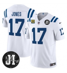 Men Indianapolis Colts 17 Daniel Jones White 2025 F U S E  With 4 Star C Patch And Jim Irsay Patch Vapor Limited Stitched Football Jersey Men Indianapolis Colts 17 Daniel Jones White 2025 F U S E  With 4 Star C Patch And Jim Irsay Patch Vapor Limited Stitched Football Jersey