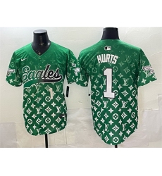 Men Philadelphia Eagles 1 Jalen Hurts Green With Patch Limited Stitched Baseball Jersey