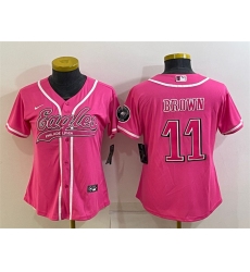 Women Philadelphia Eagles 11 A  J  Brown Pink With Patch Cool Base Stitched Baseball Jersey