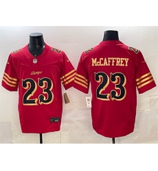 Men San Francisco 49ers 23 Christian McCaffrey Red Gold 2025 F U S E Rivalries Vapor Limited Stitched Football Jersey Men San Francisco 49ers 23 Christian McCaffrey Red Gold 2025 F U S E Rivalries Vapor Limited Stitched Football Jersey