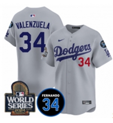 Men Los Angeles Dodgers 34 Toro Valenzuela Grey 2024 World Series With Fernando Memorial Patch Limited Stitched Baseball Jersey
