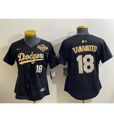 Women Los Angeles Dodgers 18 Yoshinobu Yamamoto Black Gold 2025 World Series Patch Limited Stitched Baseball Jersey 