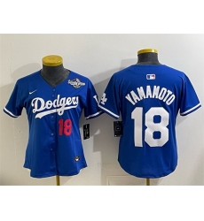 Women Los Angeles Dodgers 18 Yoshinobu Yamamoto Royal 2025 World Series Patch Limited Stitched Baseball Jersey 