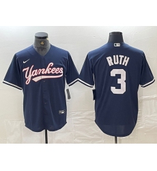 Men New York Yankees 3 Babe Ruth Navy Cool Base Stitched Baseball Jersey