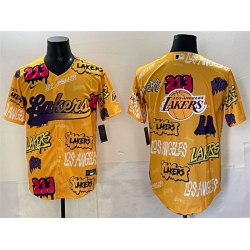 Men Los Angeles Lakers Team Big Logo Yellow Limited Stitched Baseball Jersey 2