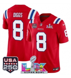 Men New England Patriots 8 Stefon Diggs Red 2025 F U S E Super Bowl LX Patch And USA 250 27 Patch Vapor Limited Football Stitched Jersey Men New England Patriots 8 Stefon Diggs Red 2025 F U S E Super Bowl LX Patch And USA 250 27 Patch Vapor Limited Football Stitched Jersey