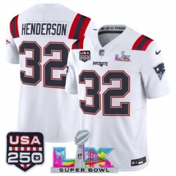 Youth New England Patriots 32 TreVeyon Henderson White 2025 F U S E  Super Bowl LX  USA 250 Patch Vapor Limited Stitched Football Jersey