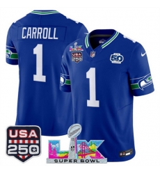 Men Seattle Seahawks 1 Pete Carroll Royal 2025 F U S E Super Bowl LX Patch And 50th Season USA 250 Patch Vapor Throwback Limited Stitched Football Jersey Men Seattle Seahawks 1 Pete Carroll Royal 2025 F U S E Super Bowl LX Patch And 50th Season USA 250 Patch Vapor Throwback Limited Stitched Football Jersey