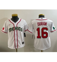 Youth Mexico Baseball  16 Jarren Duran White 2026 World Baseball Classic Home Stadium Stitched Baseball Jersey