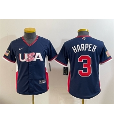 Youth USA Baseball 3 Bryce Harper Navy 2026 World Baseball Classic Stadium Stitched Baseball Jersey Youth USA Baseball 3 Bryce Harper Navy 2026 World Baseball Classic Stadium Stitched Baseball Jersey
